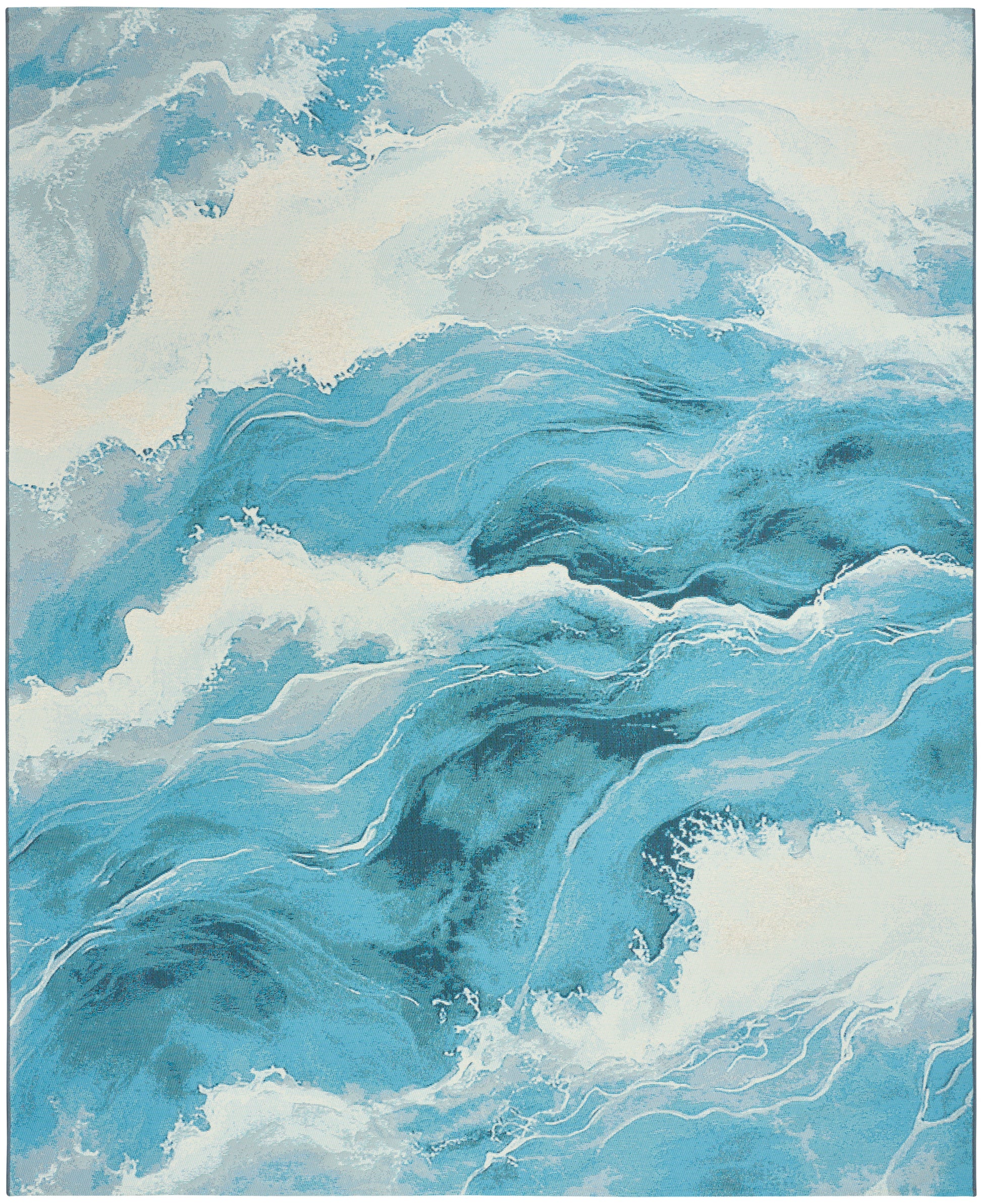 Abstract blue ocean waves painting with turquoise and white swirls, foam textures, decorative wall art.