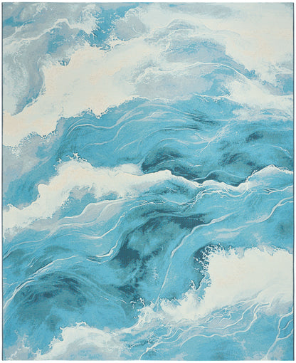 Abstract blue ocean waves painting with turquoise and white swirls, foam textures, decorative wall art.
