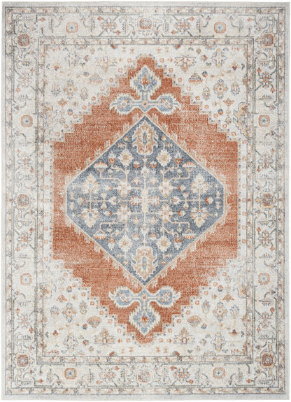 Oriental area rug with a blue diamond medallion inside a rust-orange diamond frame, ivory field and ornate beige border.
