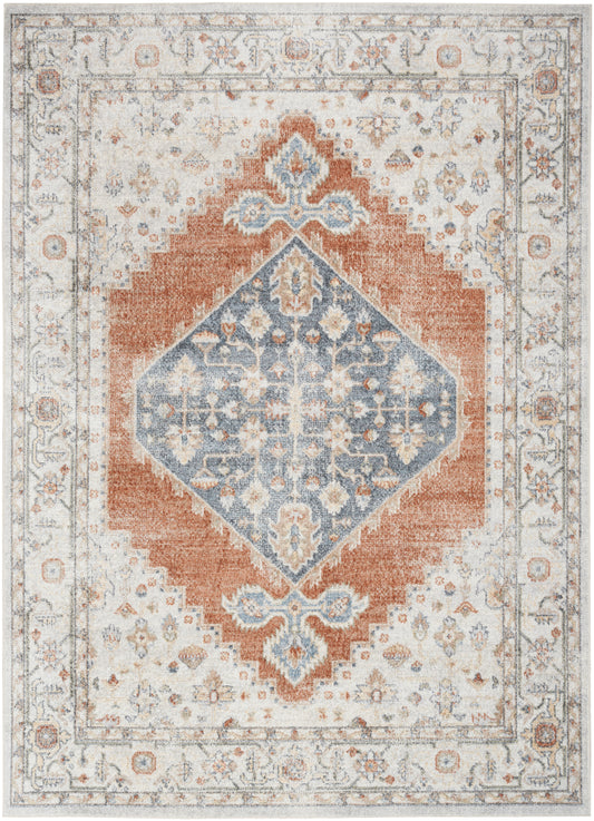 Oriental area rug with a blue diamond medallion inside a rust-orange diamond frame, ivory field and ornate beige border.
