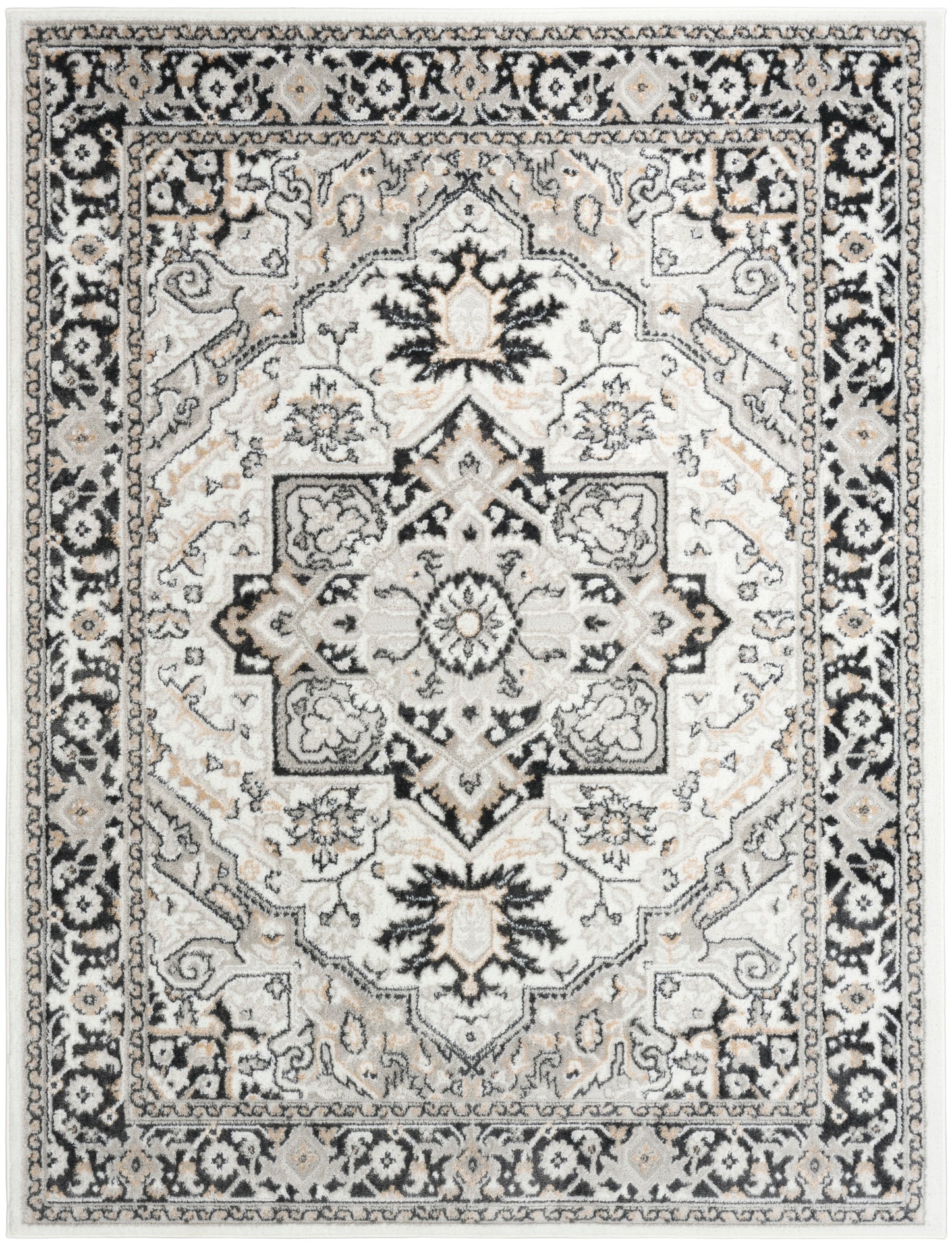 Oriental-style area rug with ivory and gray tones, black accents, central geometric medallion and ornate border.