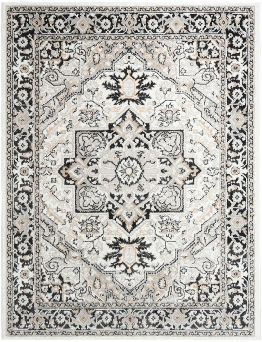 Oriental-style area rug with ivory and gray tones, black accents, central geometric medallion and ornate border.