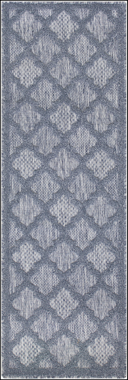 Blue-gray diamond lattice area rug with plush pile and fringed edges.