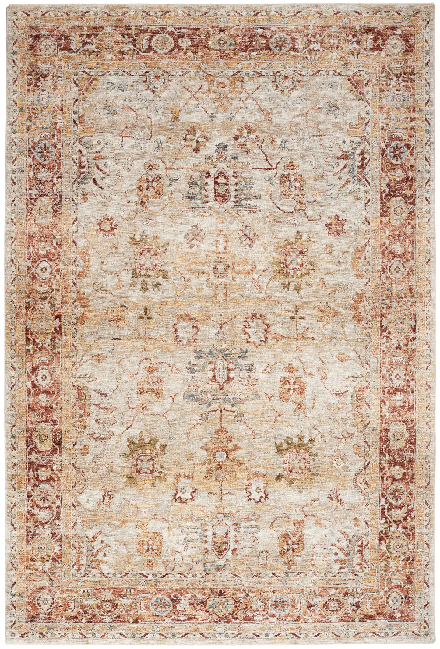 Vintage-style distressed oriental rug with ivory center, red border and faded floral medallion motifs.