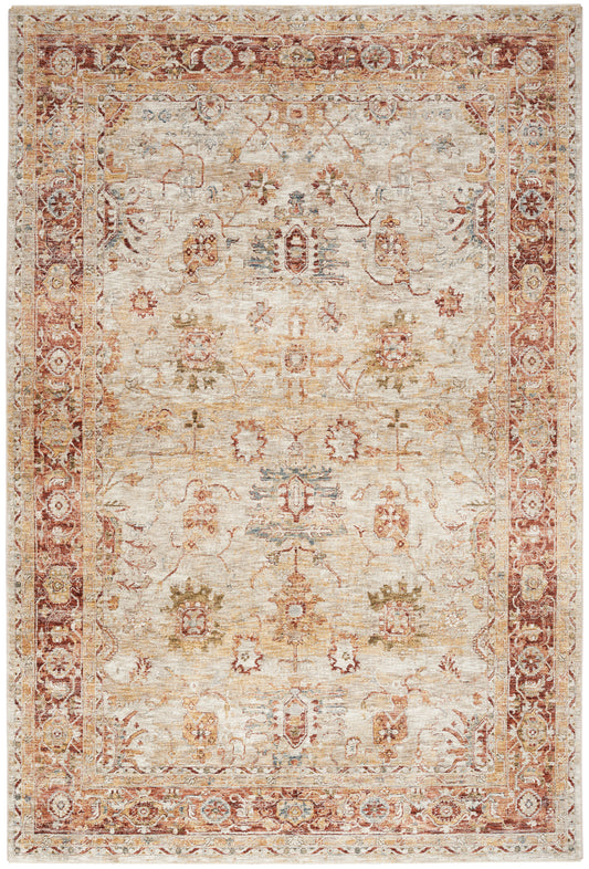 Vintage-style distressed oriental rug with ivory center, red border and faded floral medallion motifs.
