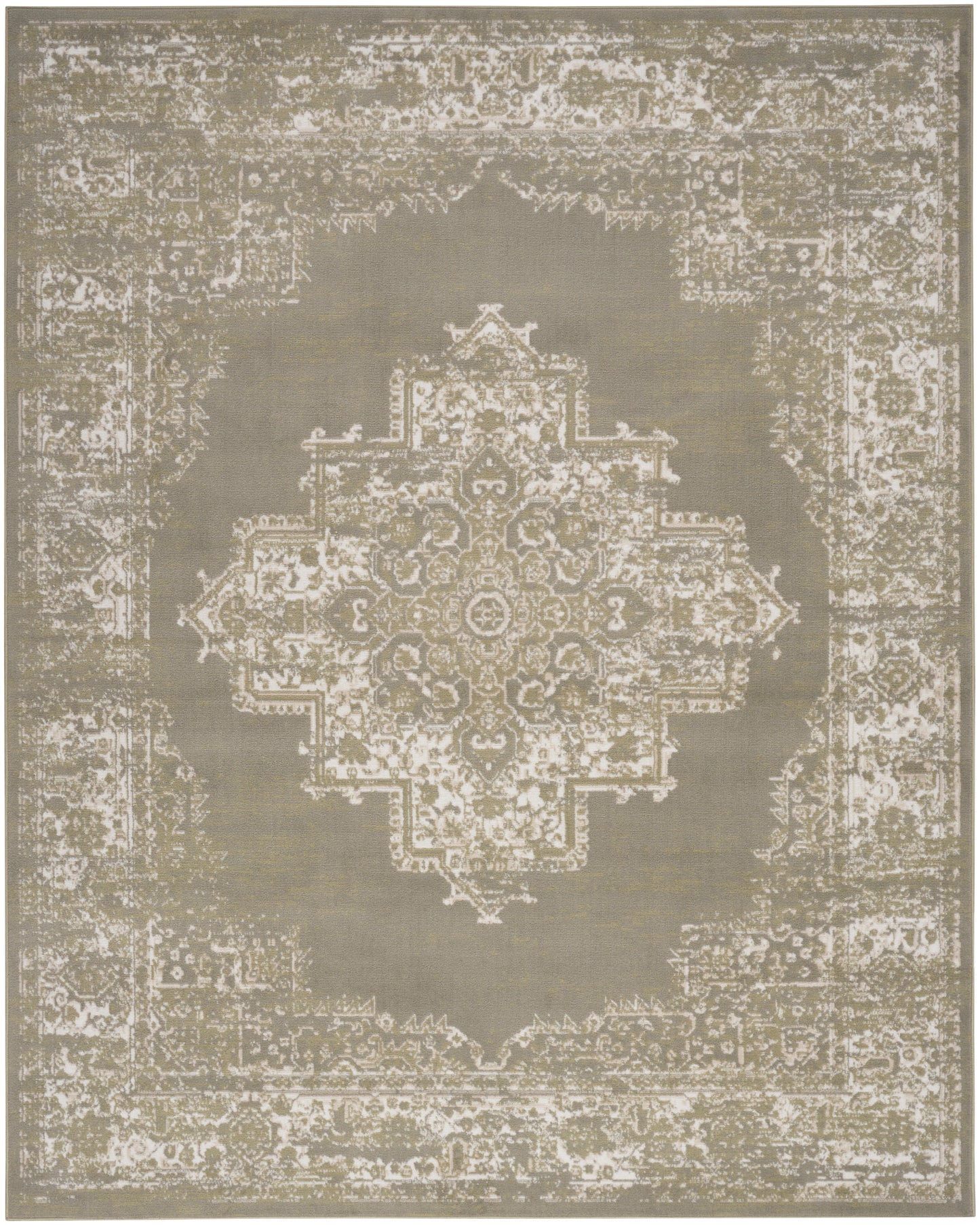 Beige and gray distressed Persian-style rug with an ornate central medallion and intricate bordered edges.