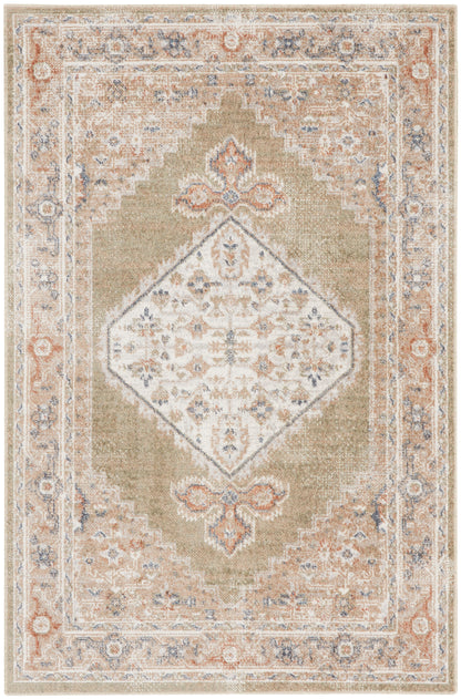 Rectangular oriental rug with central diamond medallion on beige field; antique ivory border, blue and peach accents.
