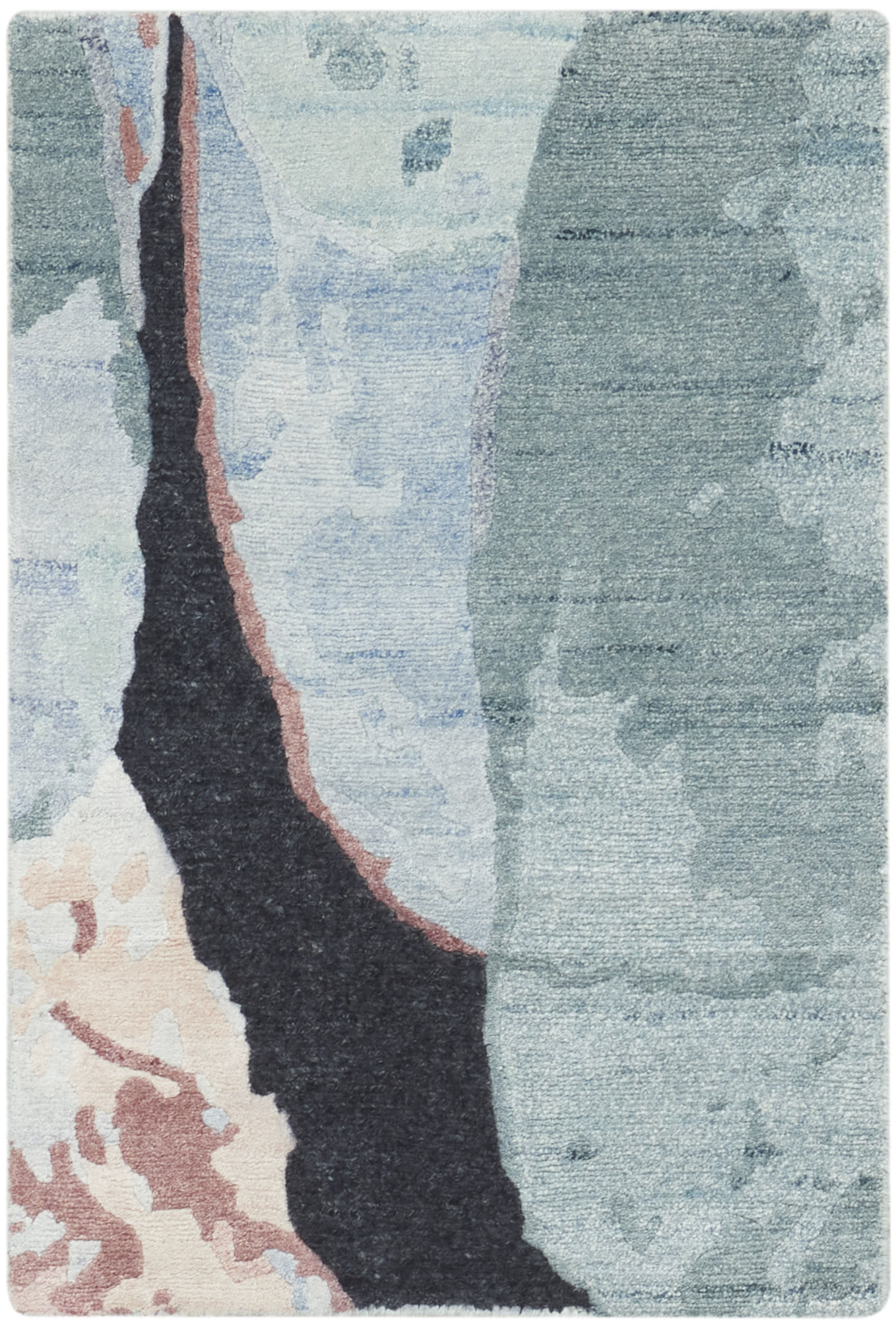 Abstract area rug with blues and teal, black jagged center outlined in pink, peach accents.