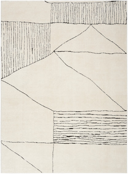 Beige abstract geometric rug with black linear motifs, triangles and striped panels; modern minimalist style.