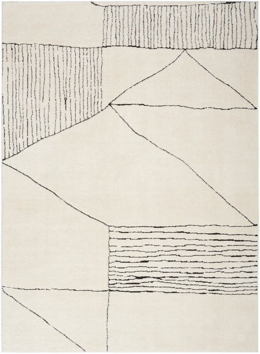 Beige abstract geometric rug with black linear motifs, triangles and striped panels; modern minimalist style.