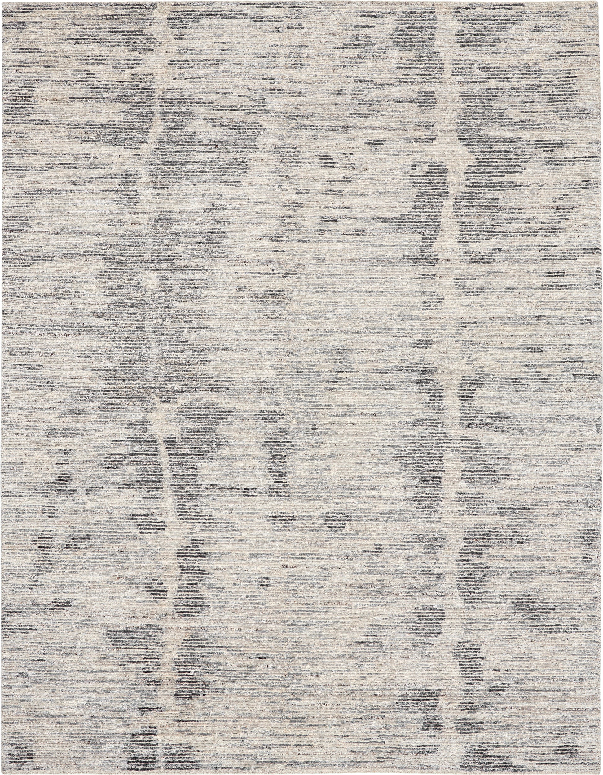 Rectangular area rug in cream with cool gray abstract linear pattern and textured weave.