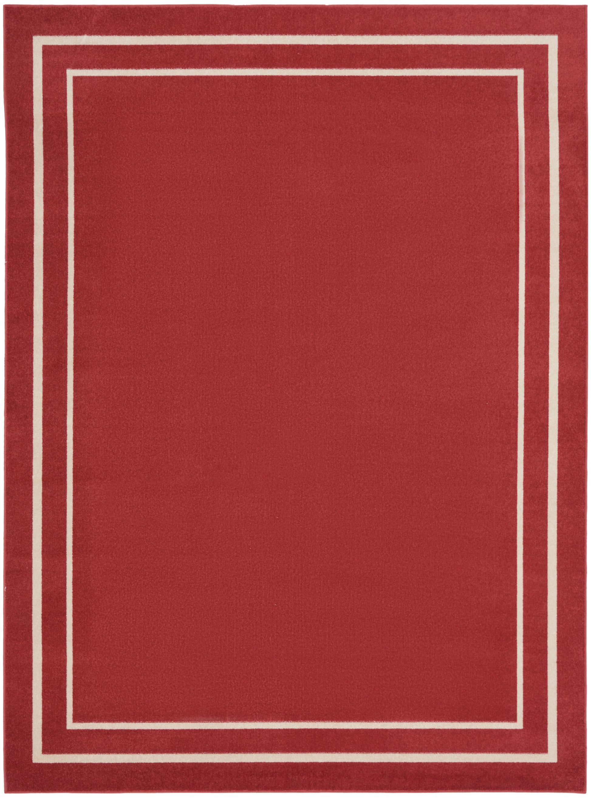 Red area rug with white double-bordered nested rectangles along the edges for a modern minimalist look.