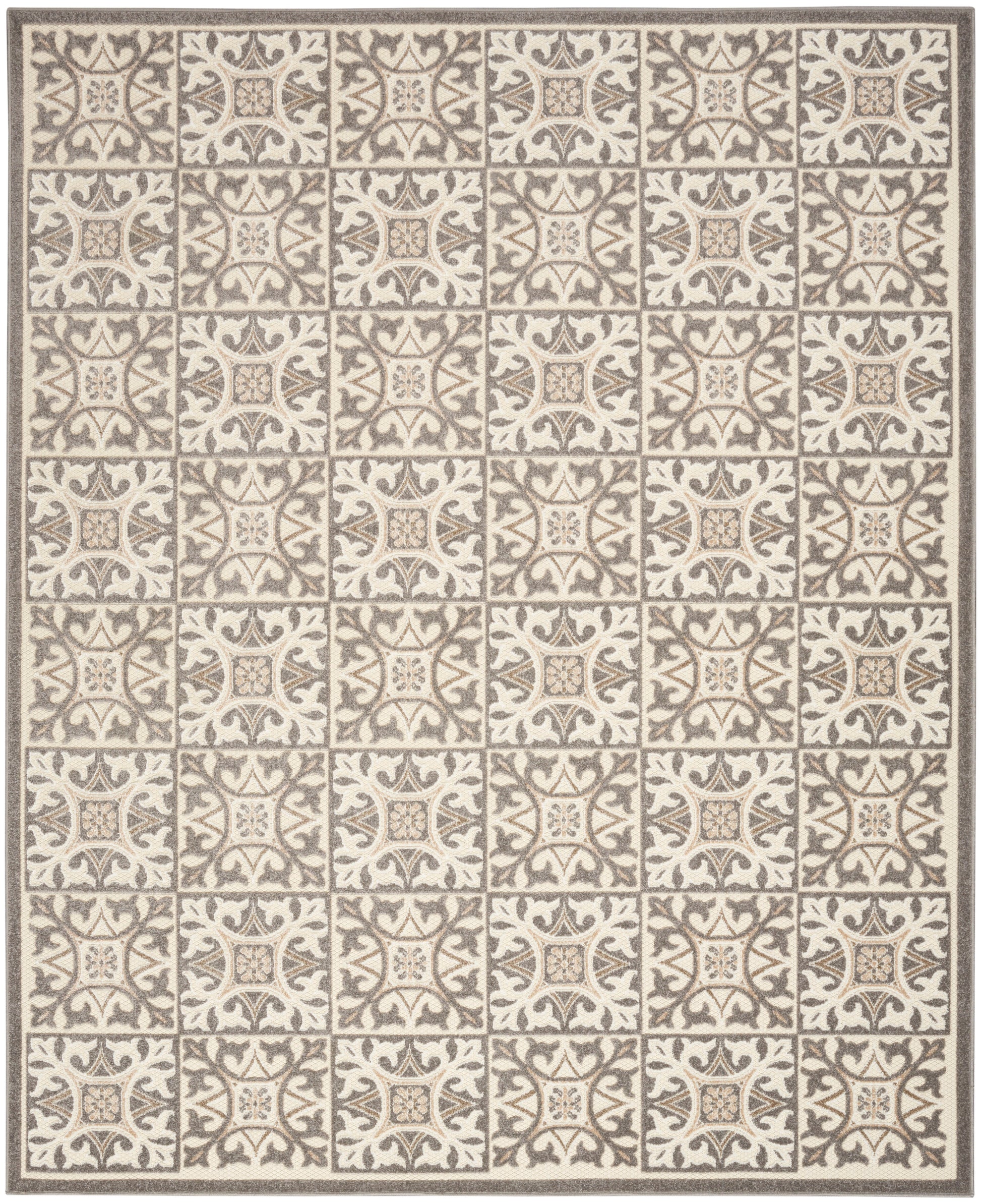 Beige area rug with a grid of ornate taupe tile motifs and scrolling floral patterns; bordered edges.