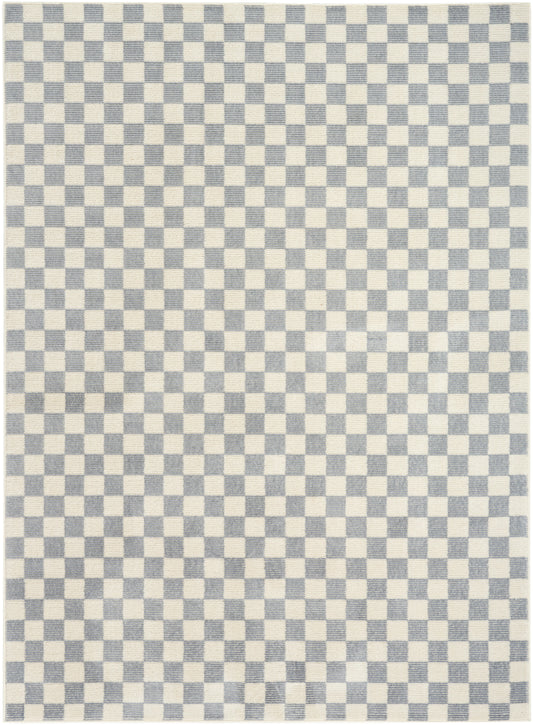 Blue and white checkered rug with a woven texture; rectangular 5' x 7', modern geometric style for living spaces.