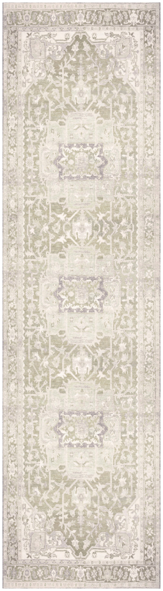 Long rectangular beige antique-style runner rug with muted gray floral medallions and ornate border.