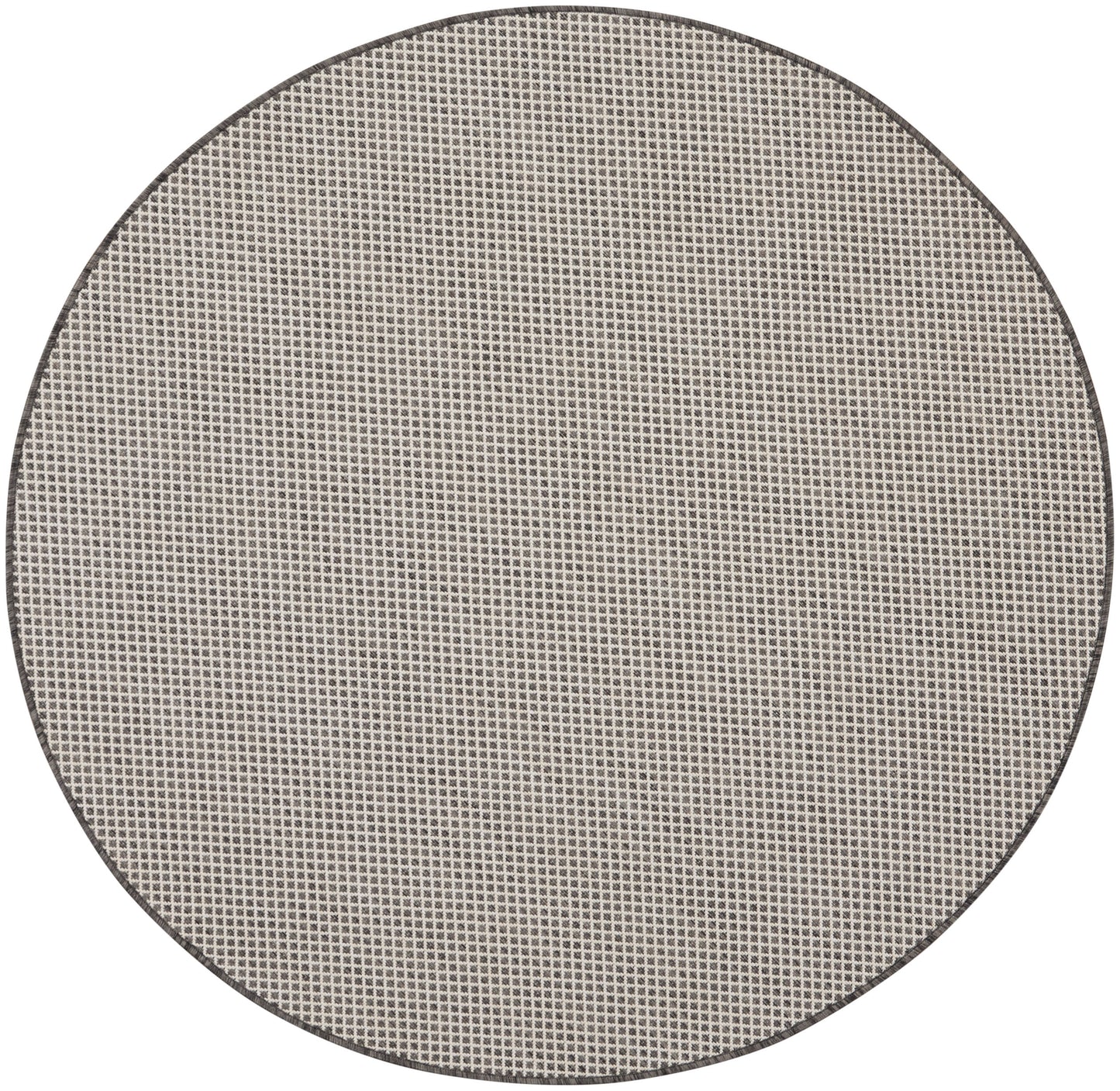 Round grey rug with a modern design, 4' diameter.