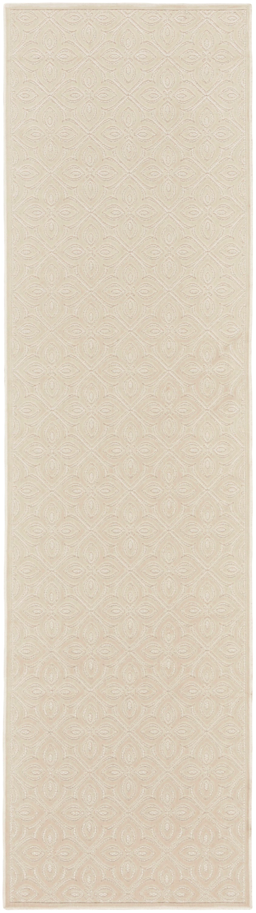 Beige rug runner sample with a subtle damask-style repeating pattern, 10' long.