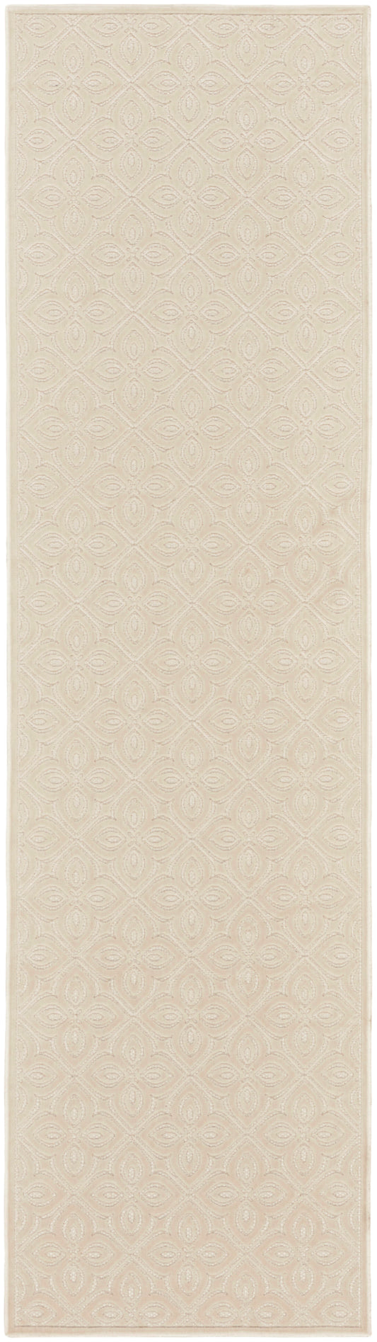 Beige rug runner sample with a subtle damask-style repeating pattern, 10' long.