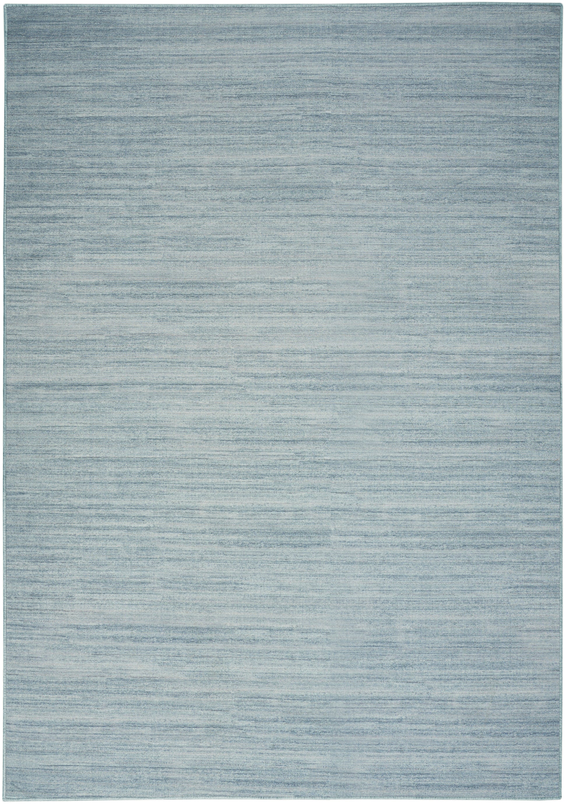 Light blue-gray area rug with subtle horizontal banding; rectangular modern rug for living room.