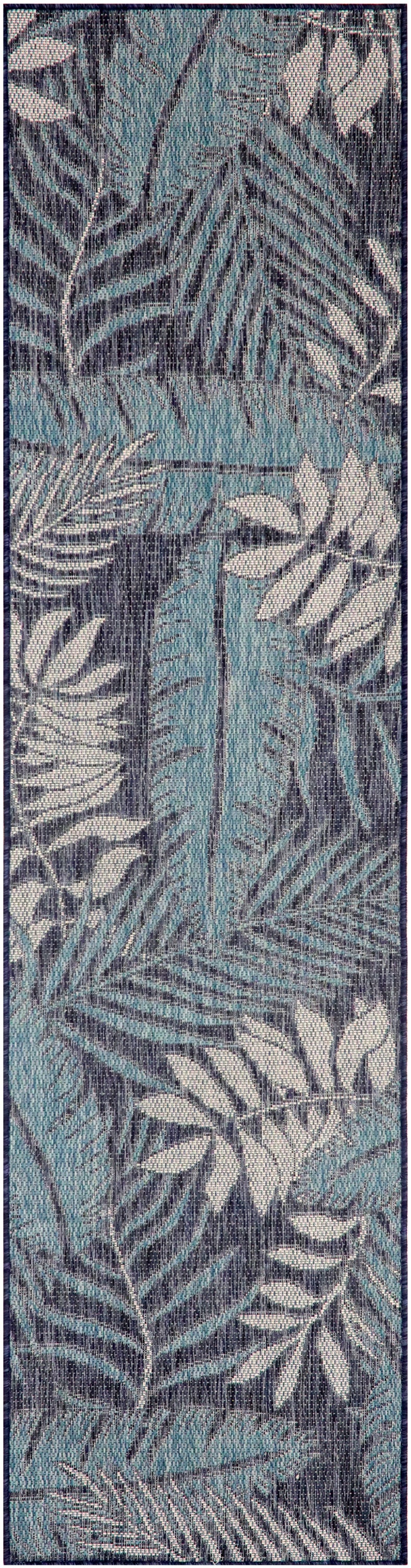 Teal outdoor rug with white fern leaf print, 6' runner.