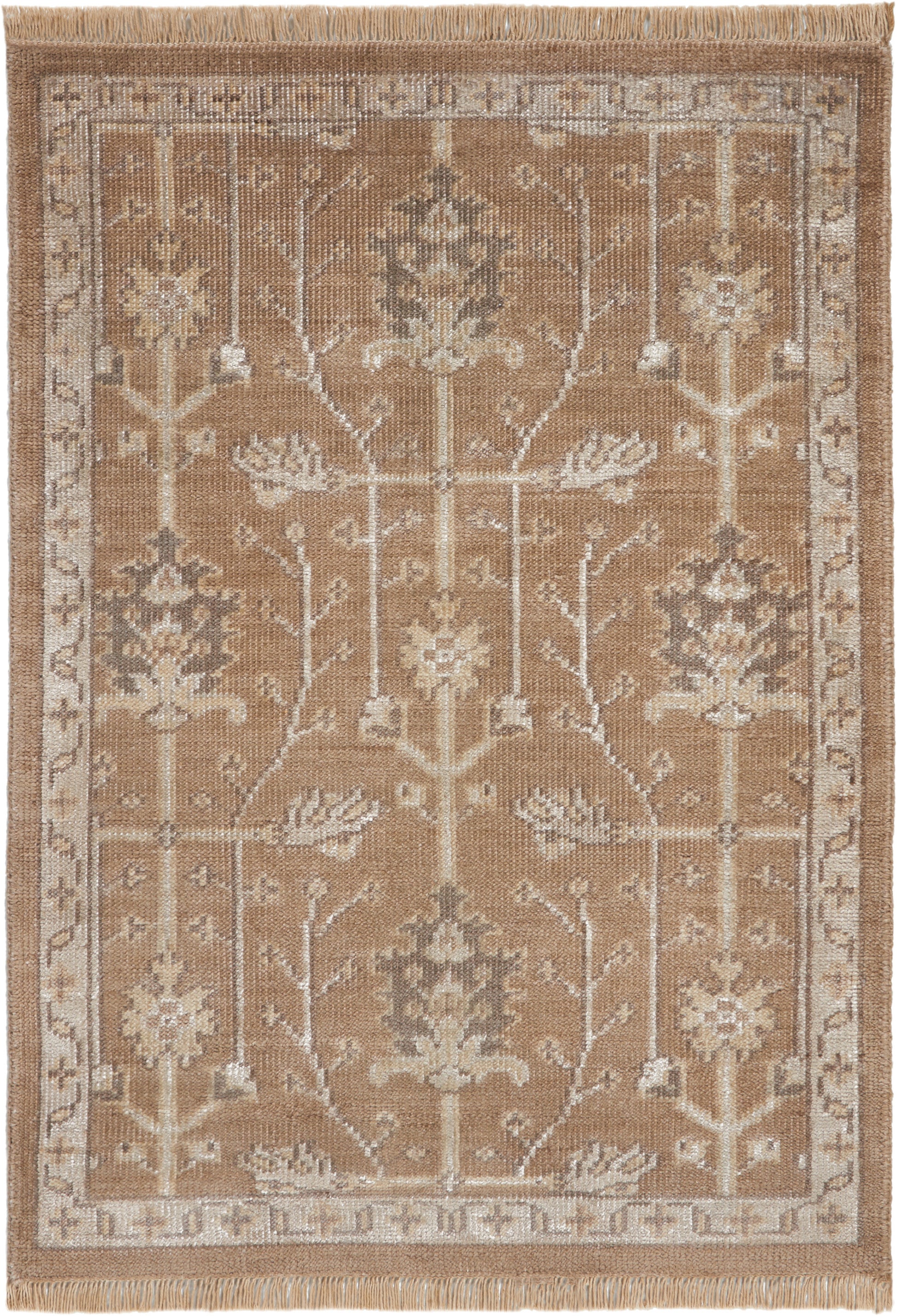Beige traditional area rug with gray floral vine trellis, bordered frame and fringe.