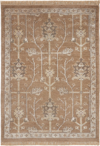 Beige traditional area rug with gray floral vine trellis, bordered frame and fringe.