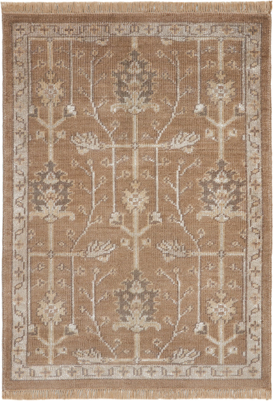 Beige traditional area rug with gray floral vine trellis, bordered frame and fringe.