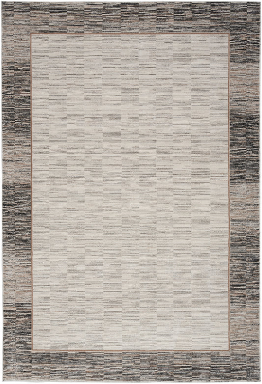 Rectangular area rug with a cream field, copper inner trim, and a textured gray-brown outer border; contemporary neutral style.