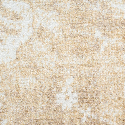 Beige rug with a mottled cream and tan pattern; close-up of the textured pile; size 7' x 9'.