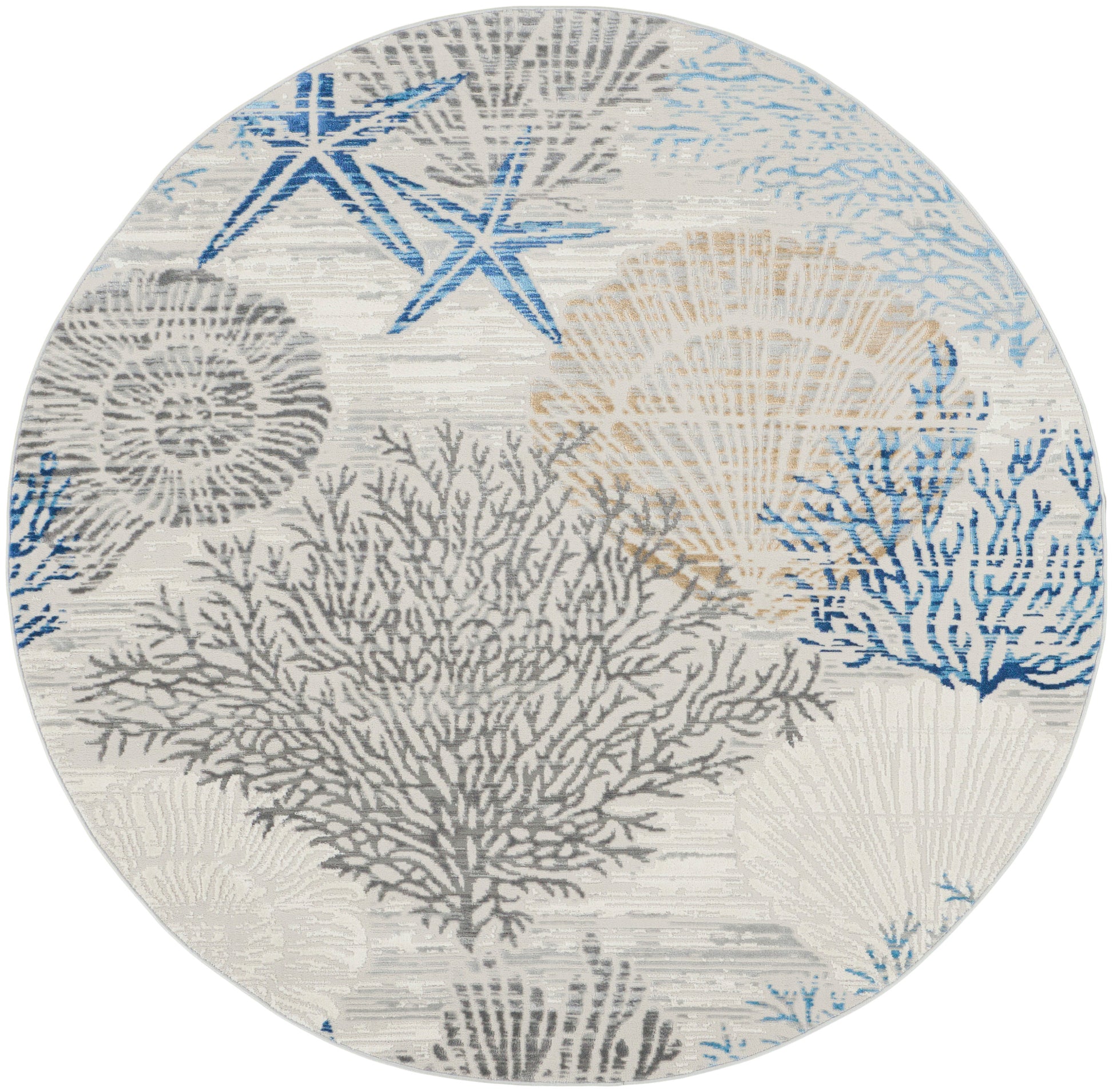 Round coastal rug with coral reef motifs in blue, gray and beige on a cream background.