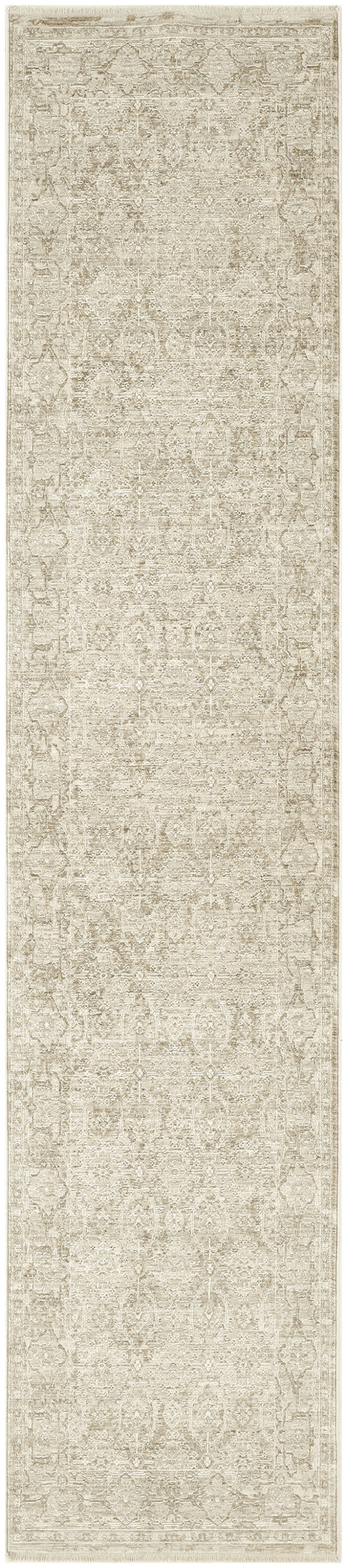 Cream-beige distressed-pattern runner rug with antique floral medallions and a bordered edge.