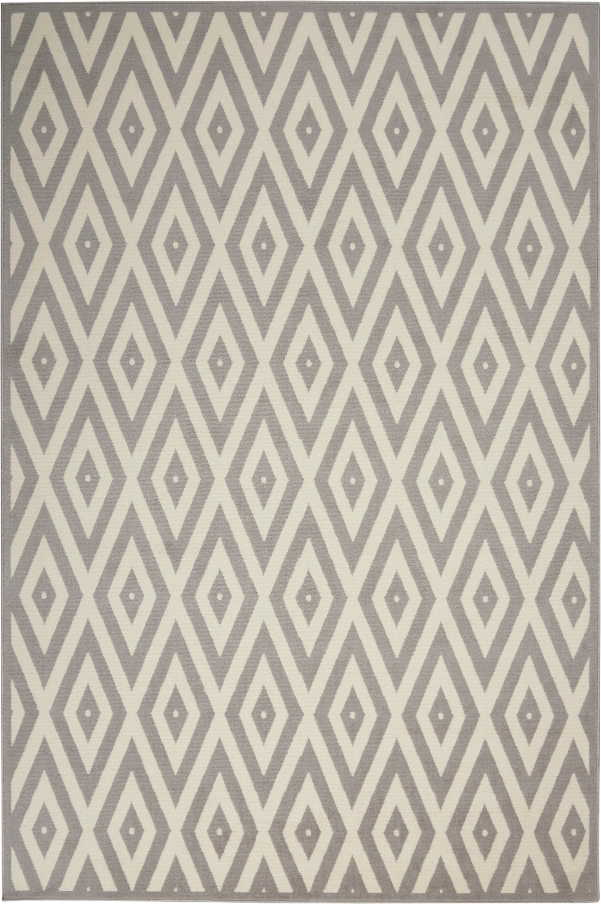 Gray rug with repeating cream diamond lattice pattern and small center diamonds for a geometric contemporary look.