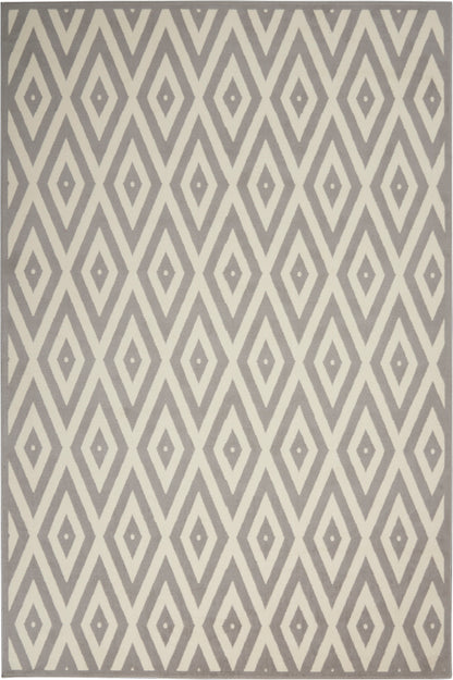 Gray rug with repeating cream diamond lattice pattern and small center diamonds for a geometric contemporary look.