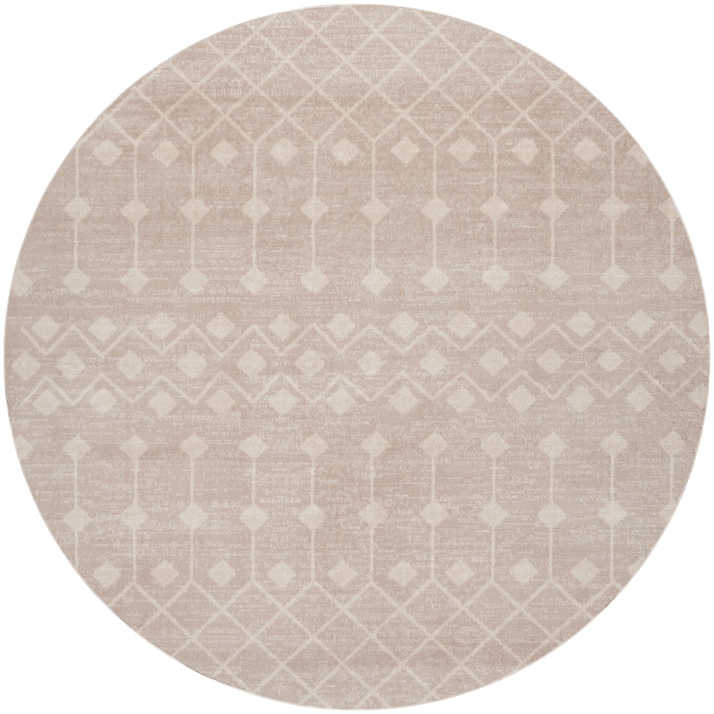 Round beige rug with subtle cream geometric lattice pattern of diamonds & lines.