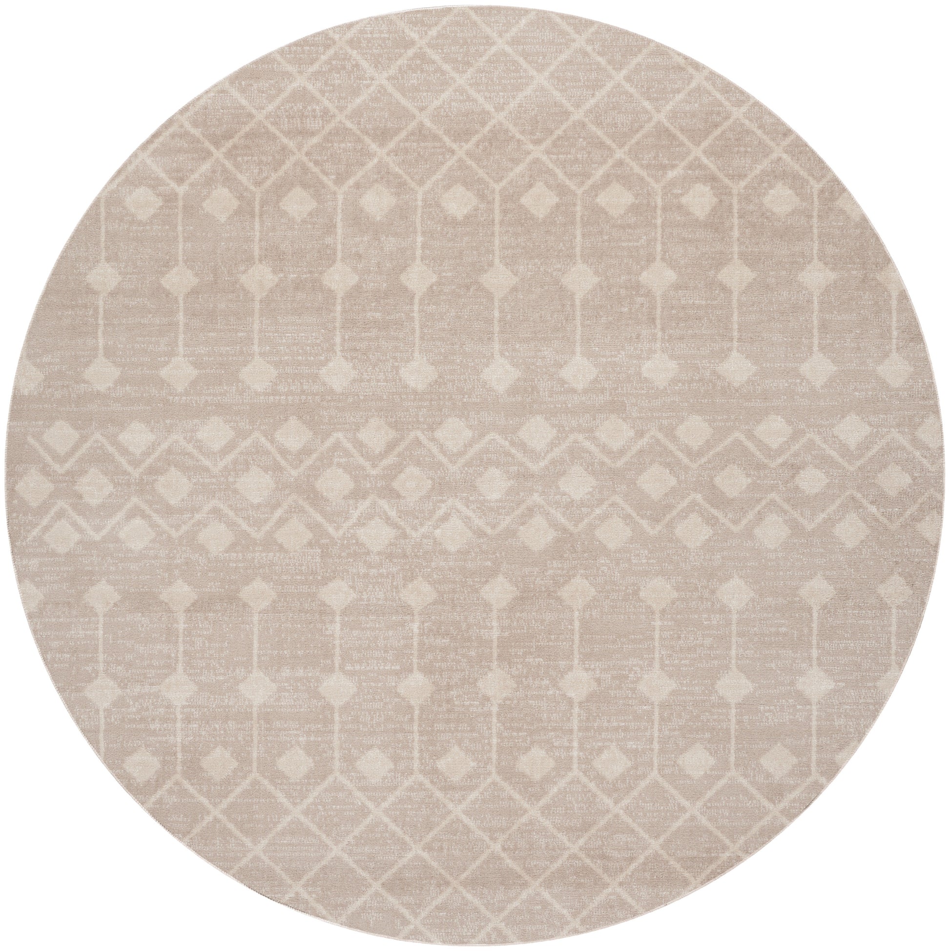 Round beige rug with subtle cream geometric lattice pattern of diamonds & lines.