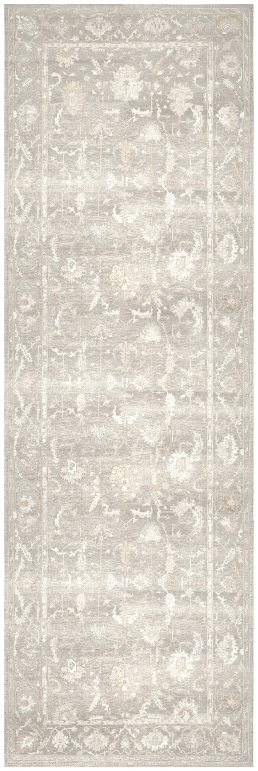 Neutral grey-beige runner rug with a faded oriental floral pattern and decorative border.