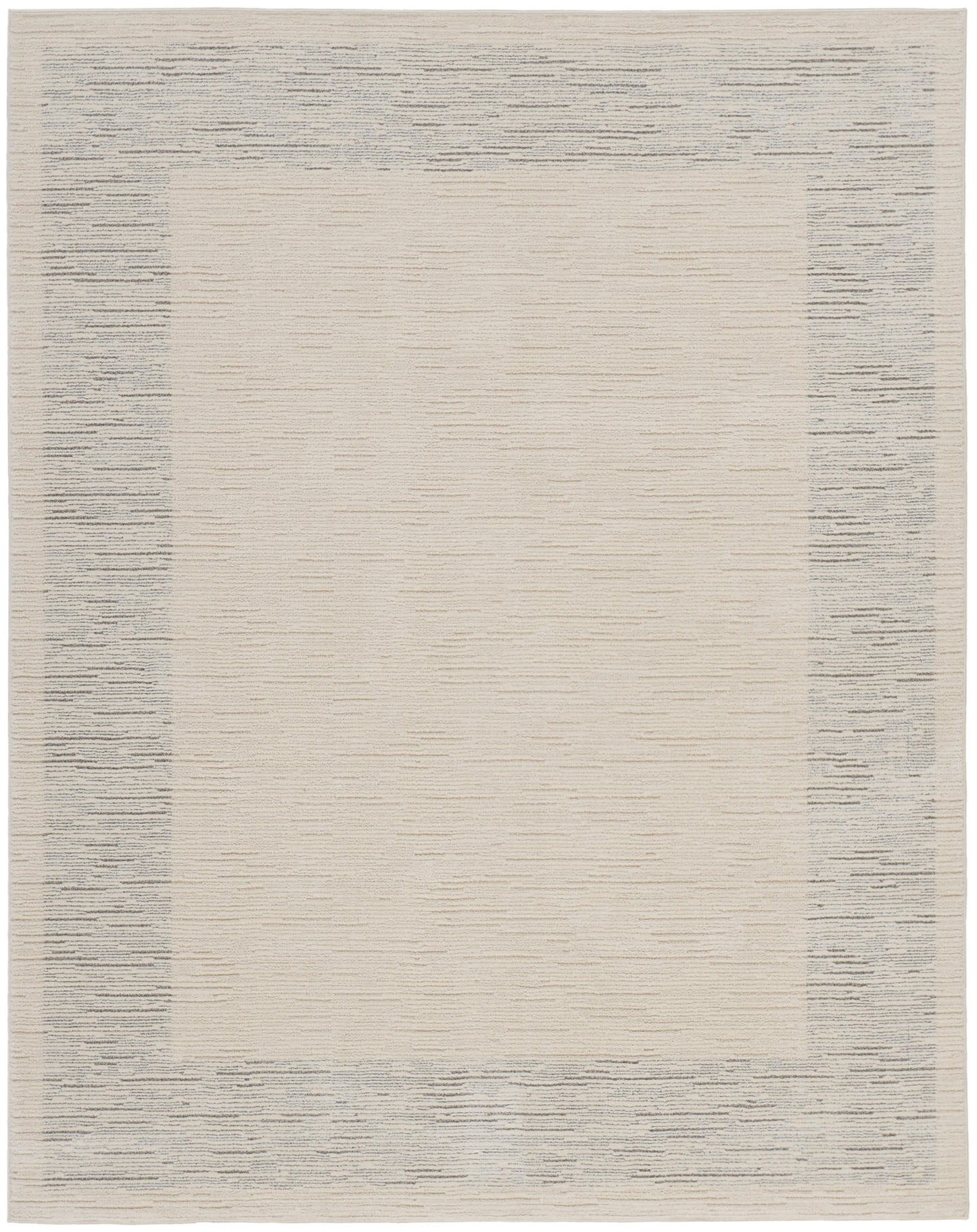 Rectangular flat-weave rug with warm beige center and textured gray border; modern neutral decor.