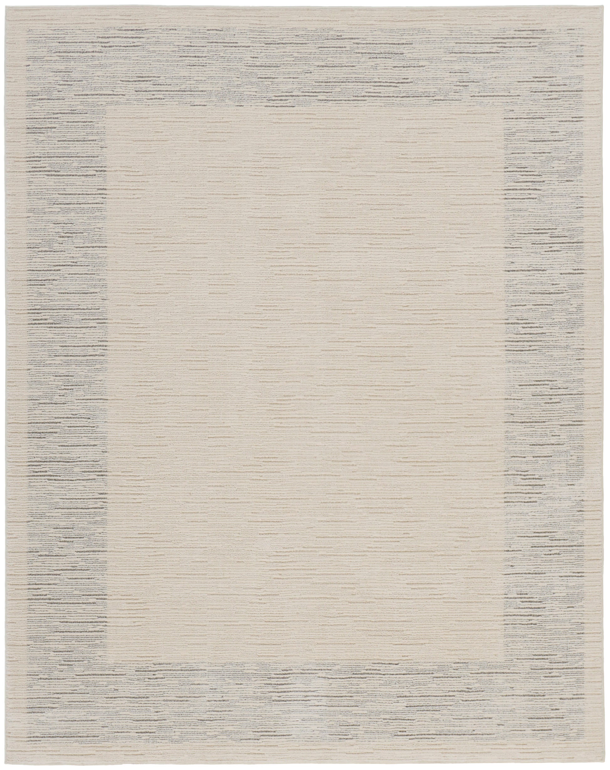 Rectangular flat-weave rug with warm beige center and textured gray border; modern neutral decor.