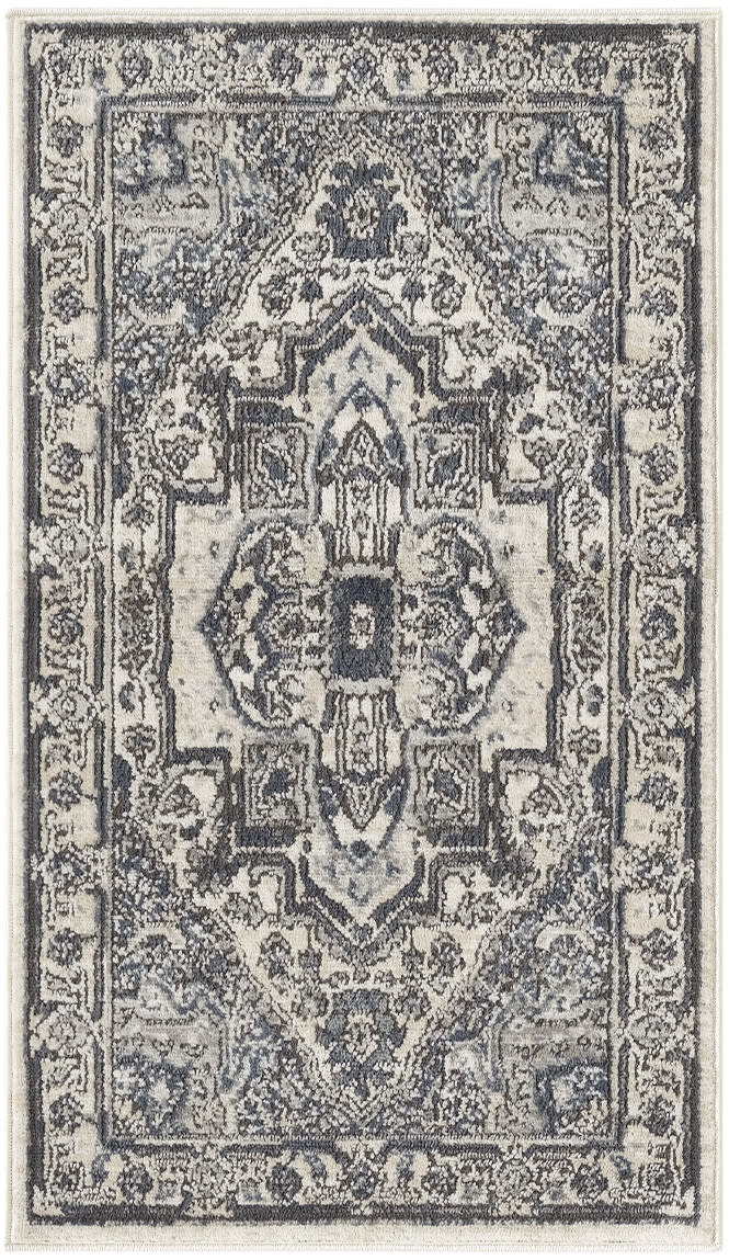 Persian-style rug with central medallion and blue, ivory, gray floral motifs; rectangular, decorative; 2' x 4'.