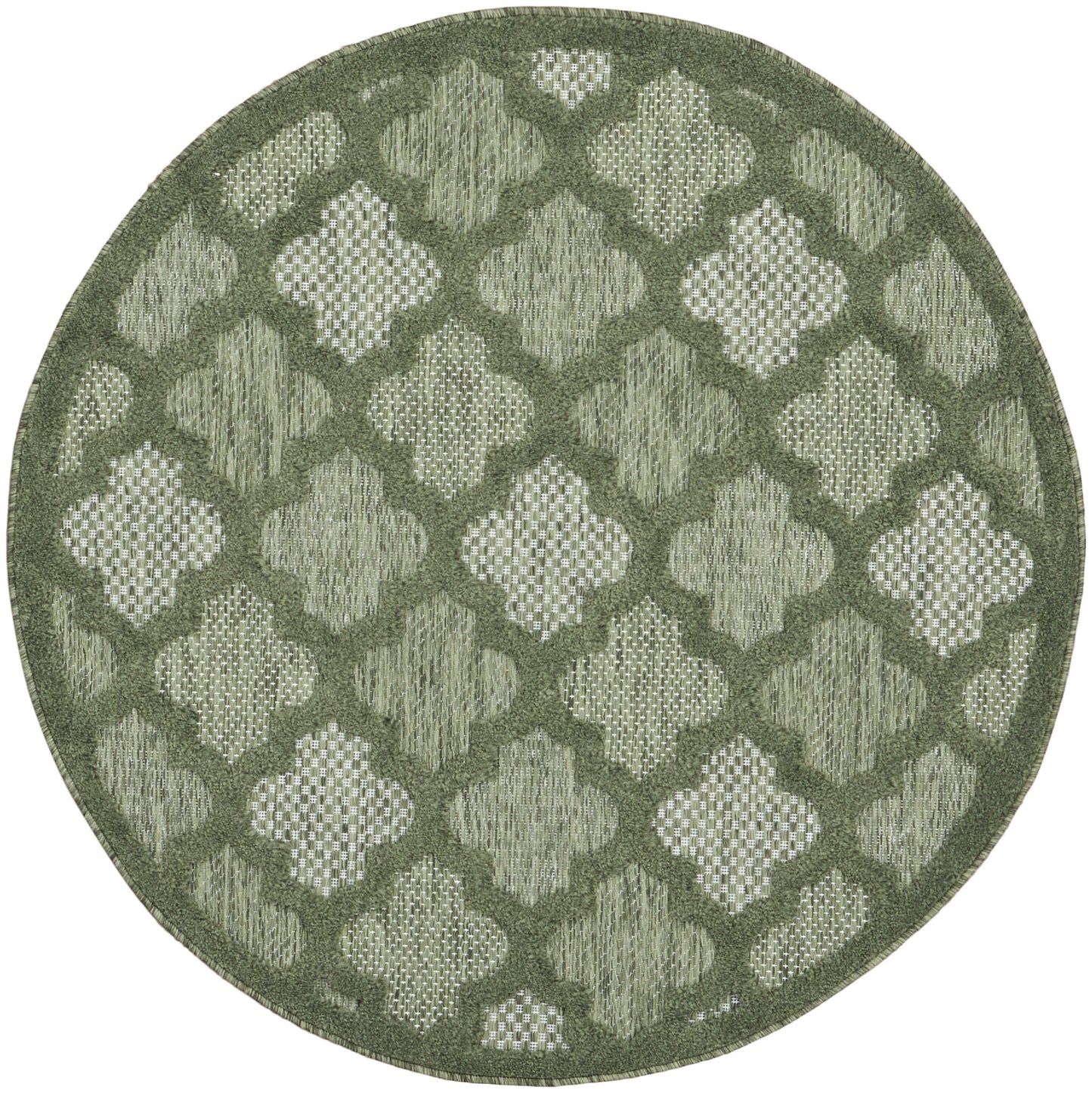 Round olive-green rug with a woven quatrefoil lattice pattern in lighter sage tones and a textured border.