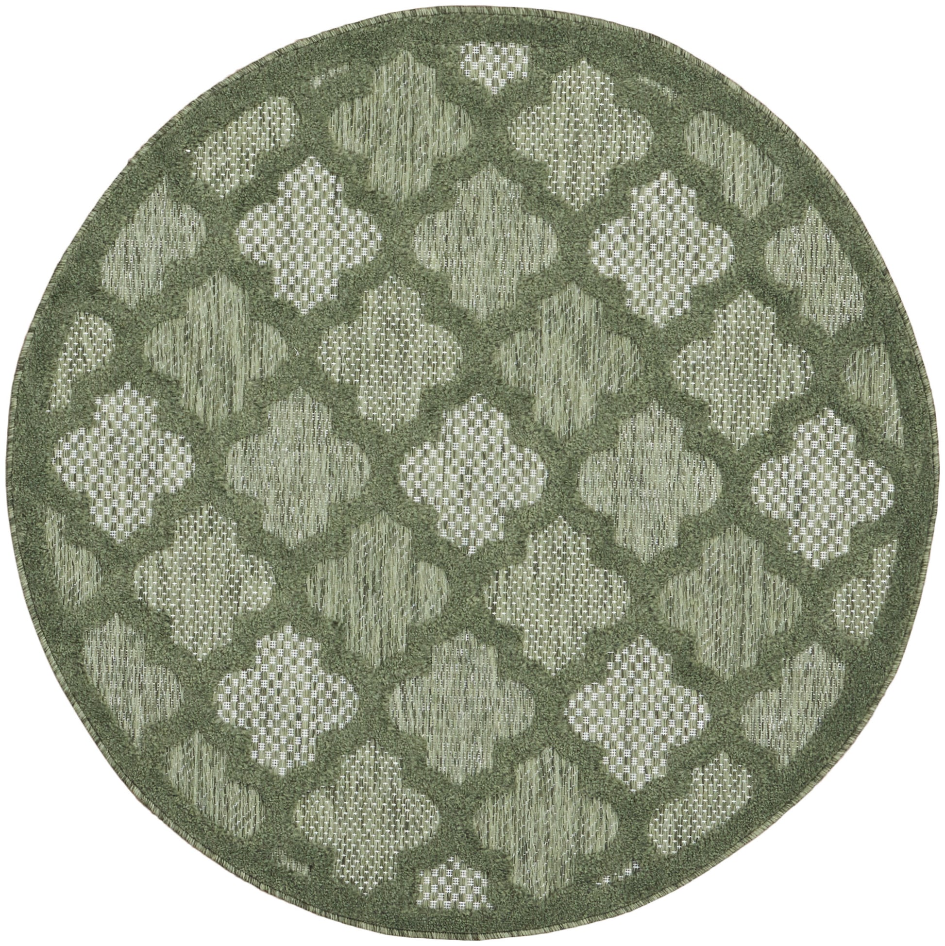 Round olive-green rug with a woven quatrefoil lattice pattern in lighter sage tones and a textured border.