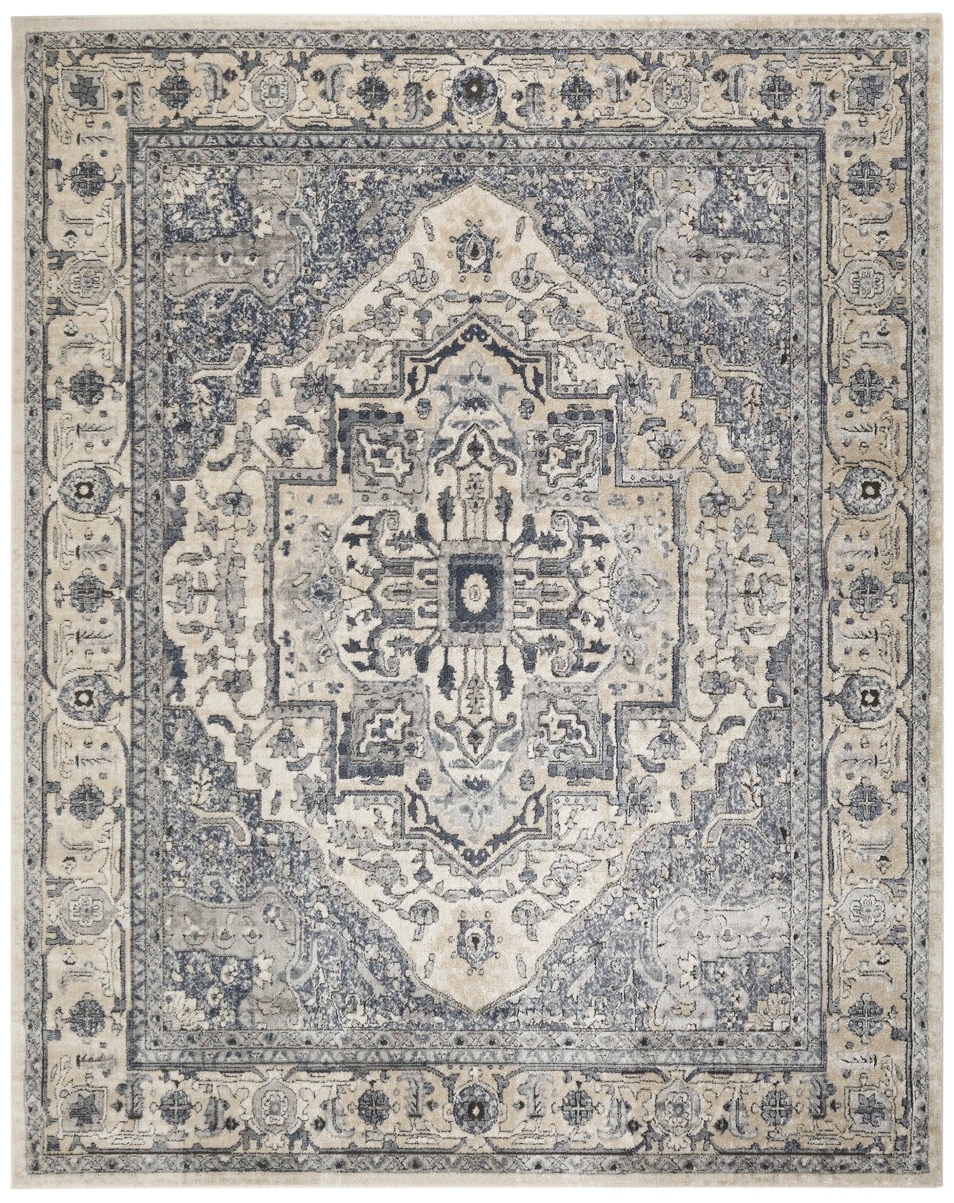 Blue and ivory Persian-style area rug with central medallion, distressed vintage pattern and ornate border.