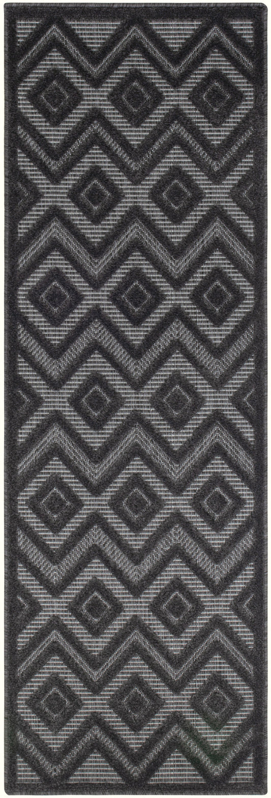 Rectangular 6' runner rug in charcoal and gray with geometric chevrons and diamonds, textured woven design.