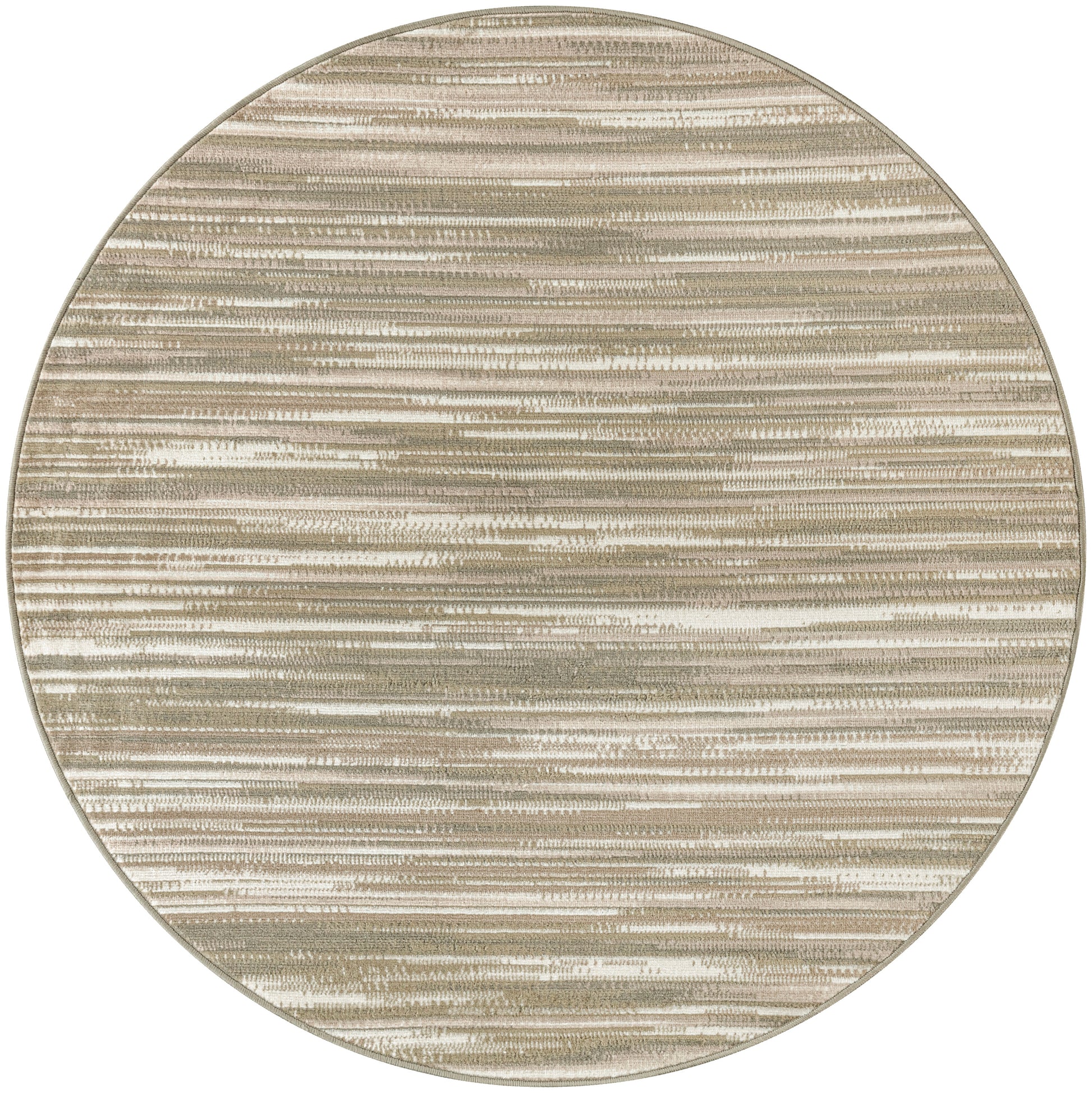 Round beige rug with subtle horizontal stripes in taupe and cream; soft, textured weave.