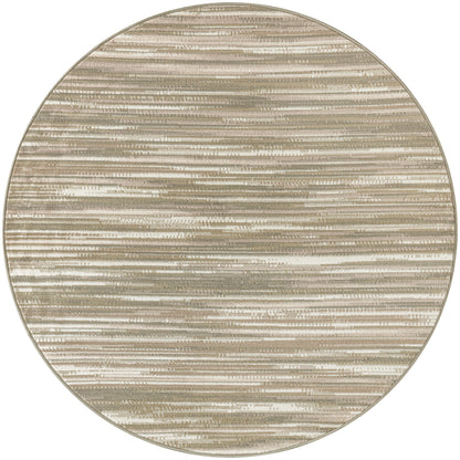Round beige rug with subtle horizontal stripes in taupe and cream; soft, textured weave.