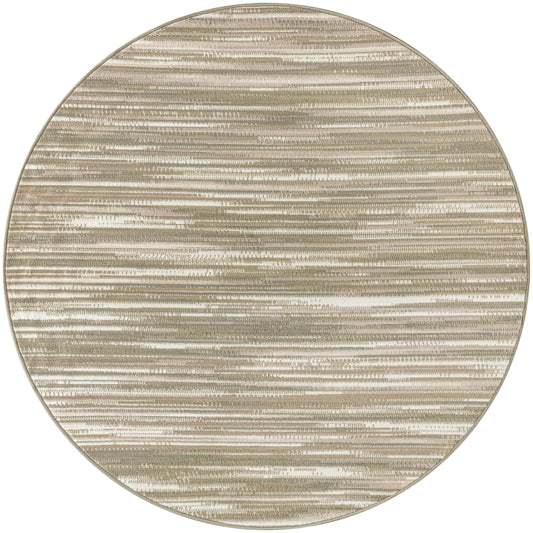 Round beige rug with subtle horizontal stripes in taupe and cream; soft, textured weave.