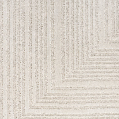 Beige textured area rug with a cream loop pile and stepped concentric square pattern for a modern living space.