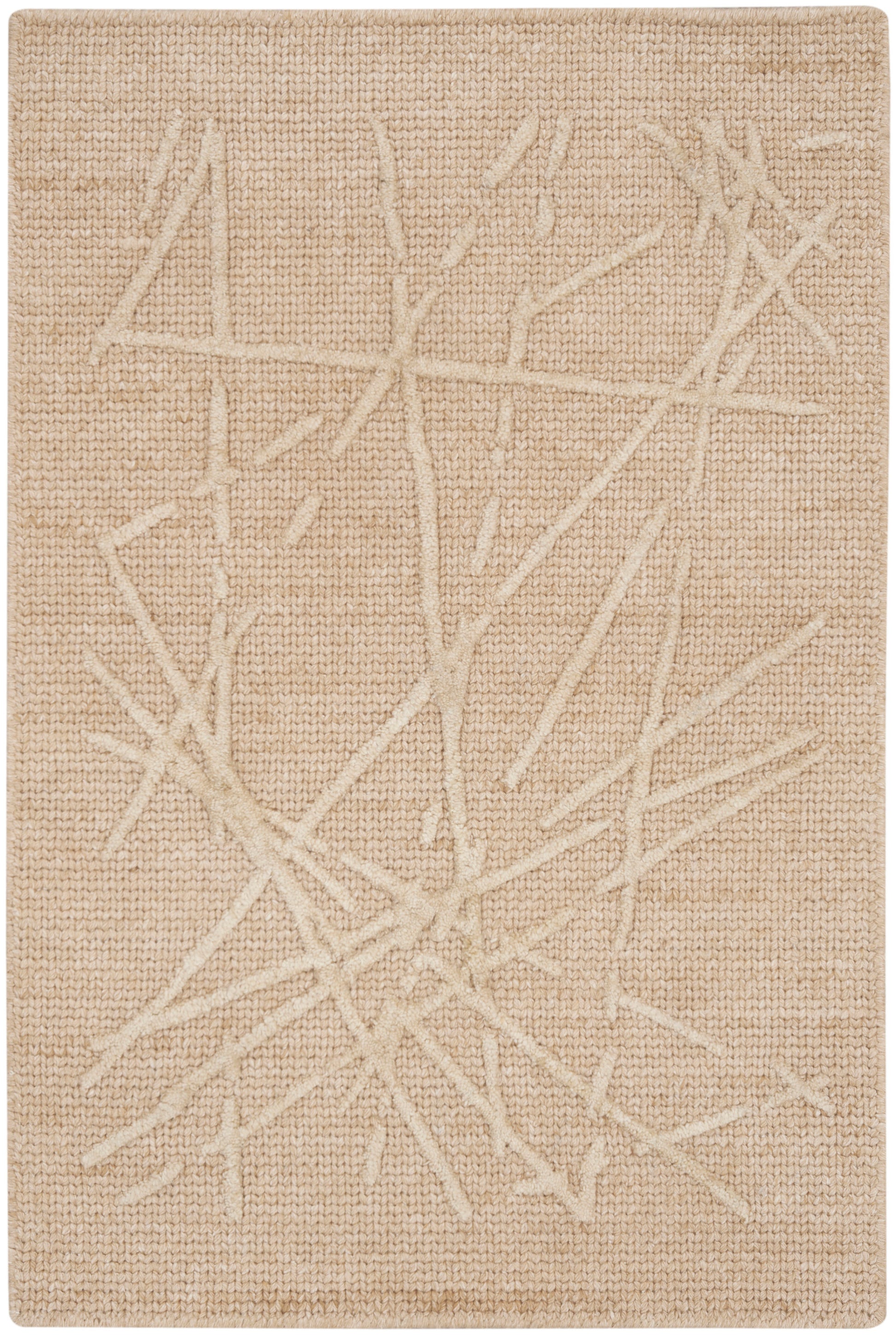 Natural beige woven rug with cream abstract linear pattern across the surface.