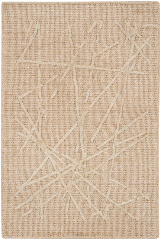 Natural beige woven rug with cream abstract linear pattern across the surface.
