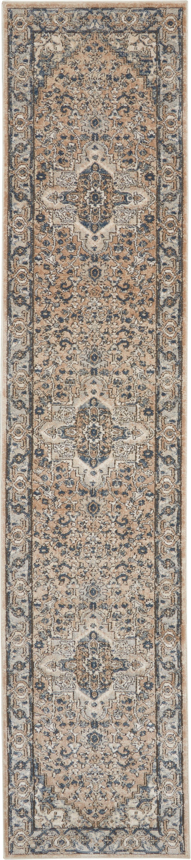 Long beige oriental rug runner with blue-gray borders and repeating medallion motifs; floral pattern ideal for hallways.